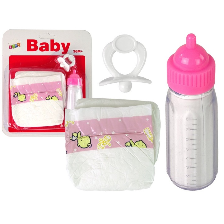 Baba kiegészítők szett, cumisüveg és pelenka, fehér/rózsaszín, 12x4cm