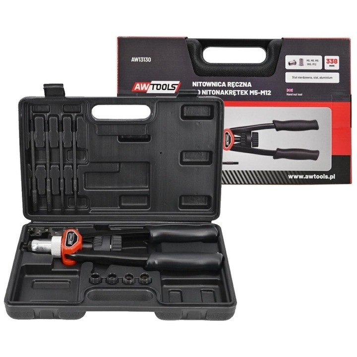 Cleste pentru nituri M5-M12, AwTools, 5 adaptoare, 338mm, set in valiza