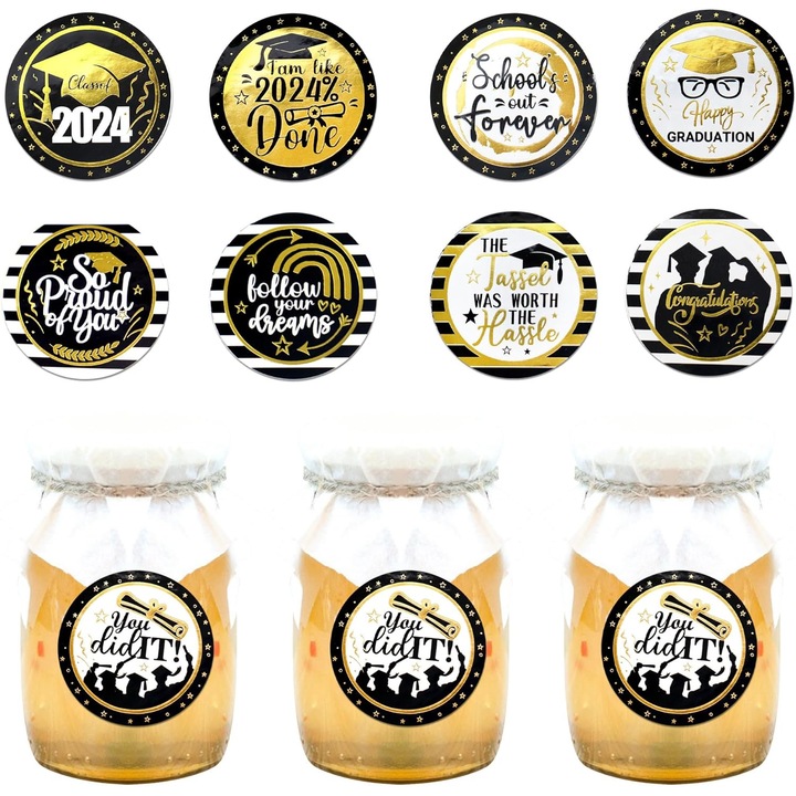 Set 120 Abtibilduri Rotunde pentru Absolvire, negru/auriu