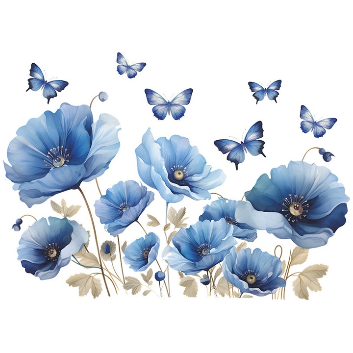 Sticker Decorativ Autoadeziv CCmax, Flori Albastre si Fluturi, 88x63 cm, Perete, Dormitor, Living