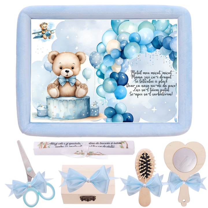 Tavita mot baieti, aniversare 1 an, Ursulet cu baloane, catifea albastru deschis, 7 piese, 34x25 cm, Recostore®, REC5011/10