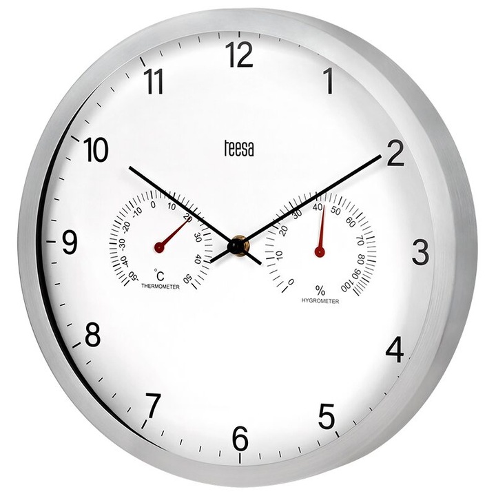 Ceas de perete cu Termometru si higrometru, Aluminiu/Sticla, diametru 30 cm, Alb, 1 x AA