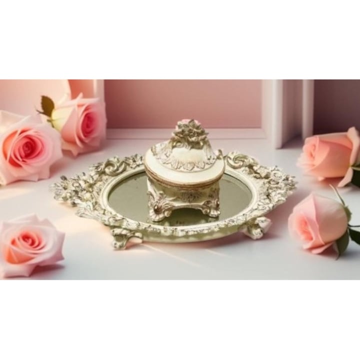 Set Caseta Bijuterii si Tavita cu Oglinda – Design Baroc Vintage, Alb Antic