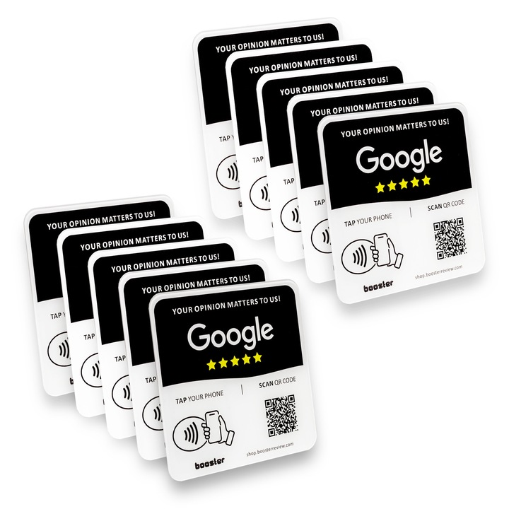 Tap Google Értékelőlap - Azonnali Értékelések Érintésére - Minden Telefonnal Kompatibilis - Újrafelhasználható Okos Tap NFC és QR - 12 x 12 cm - Bárhová Rögzíthető 3M Öntapadó 10 db-os Csomag