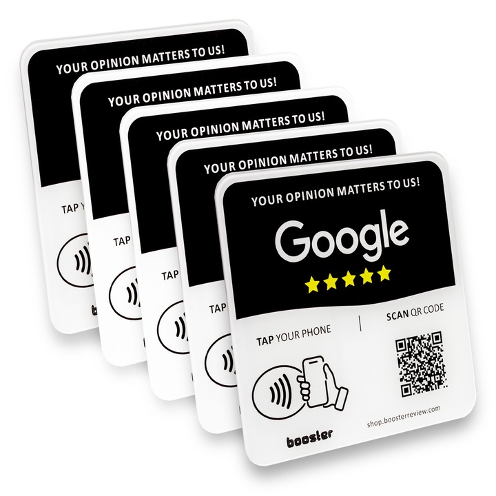 Tap Google Értékelőlap - Azonnali Értékelések Érintésére - Minden Telefonnal Kompatibilis - Újrafelhasználható Okos Tap NFC és QR - 12 x 12 cm - Bárhová Rögzíthető 3M Öntapadó 5 db-os Csomag