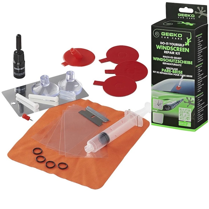 Kit reparatie parbriz GECKO cu accesorii si adeziv lipit crapaturi sau ciobituri din parbrizul auto