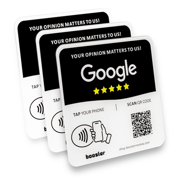 3 db-os Google Review matrica, Booster Review, NFC és QR szett, 12x12 cm