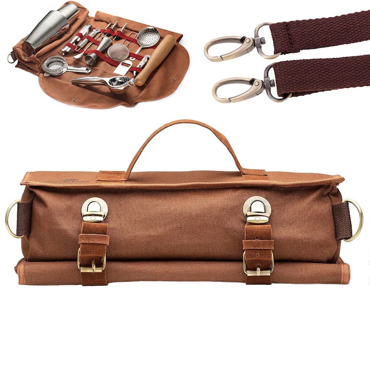 Kit Barman чанта, куриерска чанта, преносима навън, едно рамо, 27 джоба, голям капацитет, 37×18×12 см, кафява