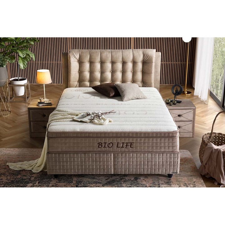 Pat Tapitat Bej Bio Life 160x200 cm cu Somiera Rabatabila, Lada Depozitare si Mufa USB – Design Elegant & Functional