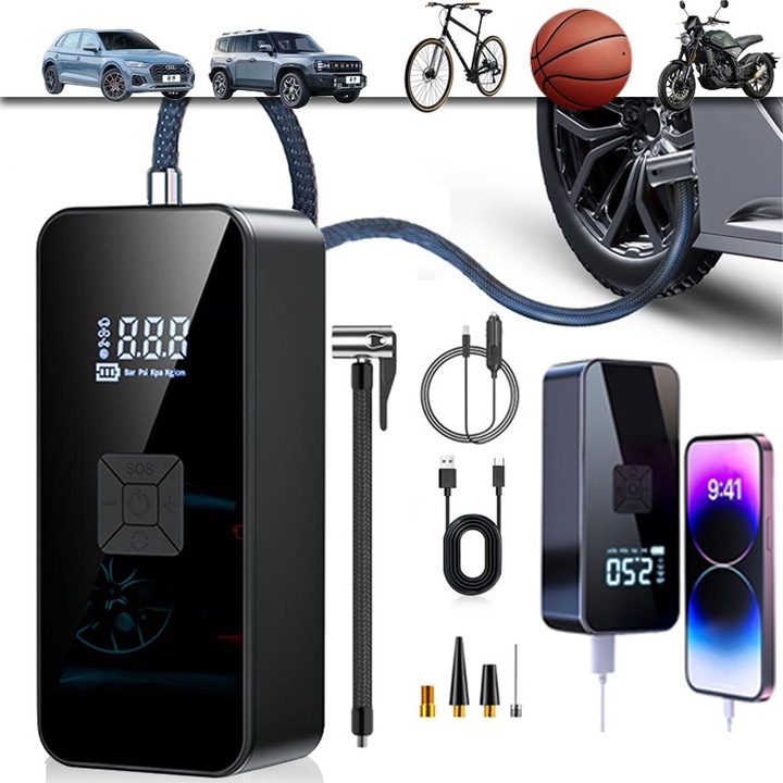 Compresor de aer portabil pentru anvelope, Minge, ABS, Setari inteligente, Wireless, 35L/min, functia power bank, Type-C, Display LED, Baterie 4000 mAh, 150PSI, 2 moduri iluminare, Motocicleta, Pentru masina, Negru