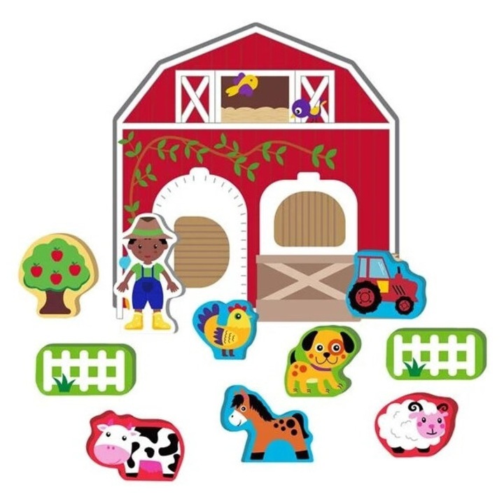 Jucarie Sortator din Lemn, Ferma cu Figurine 3D si Accesorii, 21x21.5 cm