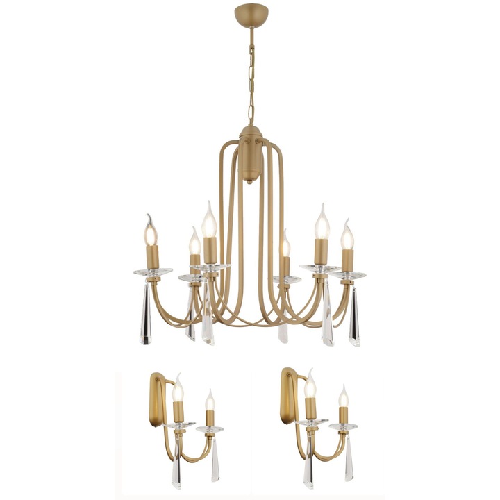 Комплект кристален полилей HubRom, DAMIAN 4106-06-FR 62x82 cm 6xE14-40W Antique / 2 x Hubrom Crystal Wall Lamp, DAMIAN 4106-02W-FR 32x22 cm 2xE14-40W Antique