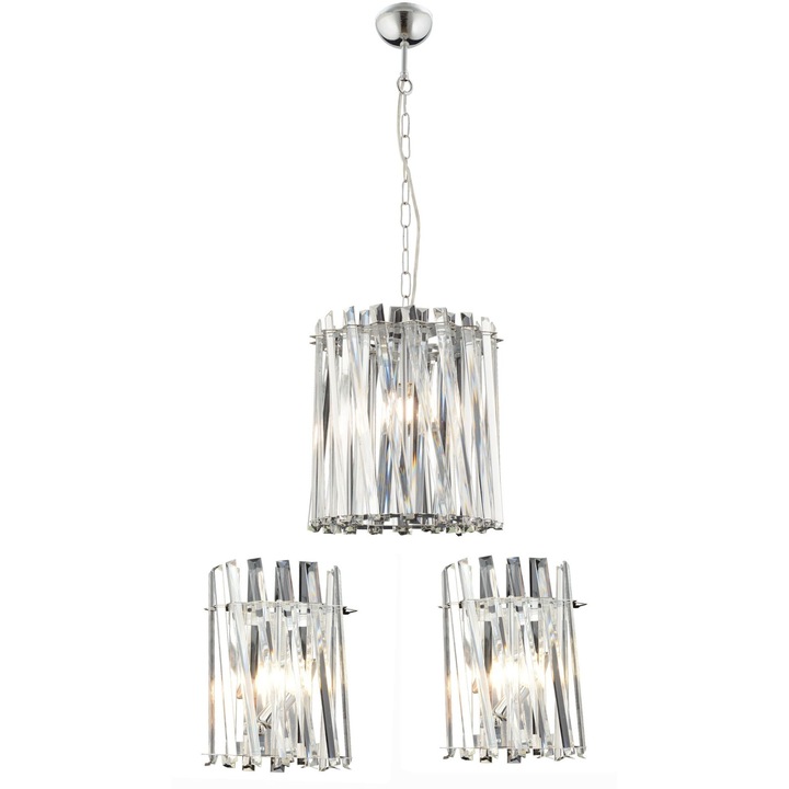 Set Lustra Cristal HubRom, SAUCER 3963-25-CH 20x78 cm 1xE14-40W Crom / 2 x Aplica Cristal Hubrom, SAUCER 3963-02W-CH 24x30 cm 2xE14-40W Crom