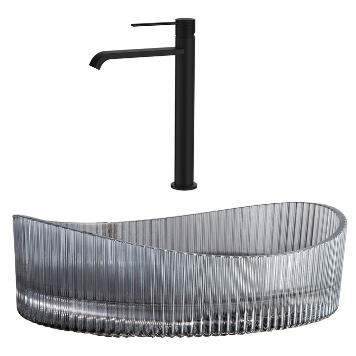 SET lavoar de baie oval din sticla securizata SanDonna Gala gri + Baterie Sandonna Dorota negru