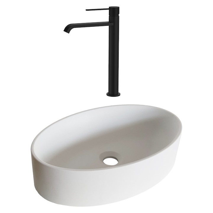 SET lavoar de baie din granit compozit SanDonna Arondi alb + Baterie Sandonna Dorota negru