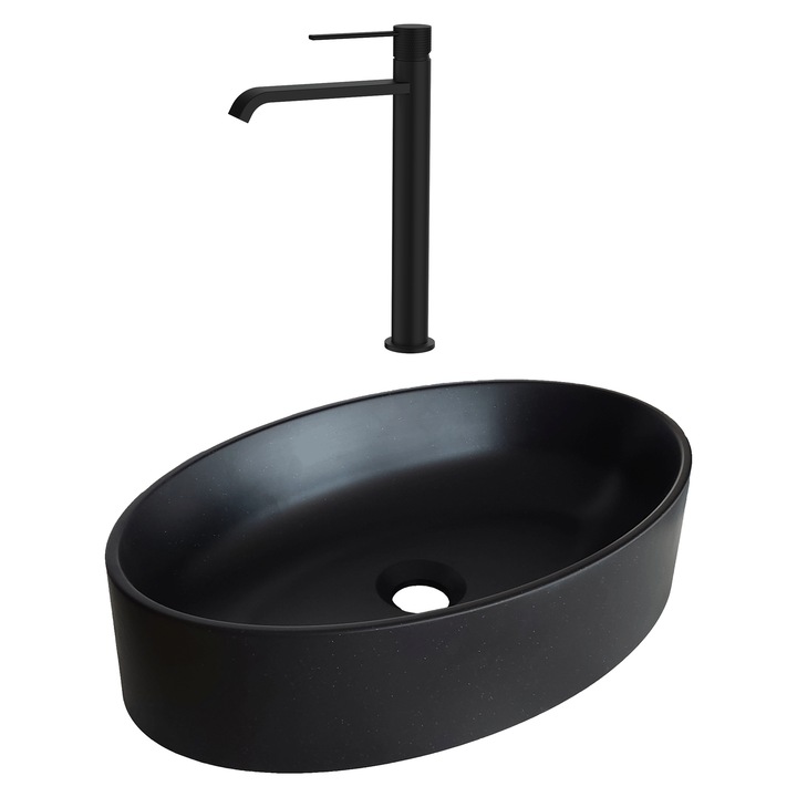 SET lavoar de baie din granit compozit SanDonna Arondi negru + Baterie Sandonna Dorota negru