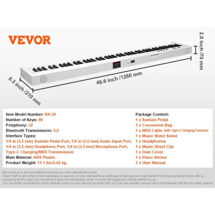 Pian electronic portabil, 88 clape, alb, set cu pedala de sustinere, cablu MIDI, suport pentru partituri, casti, husa de transport