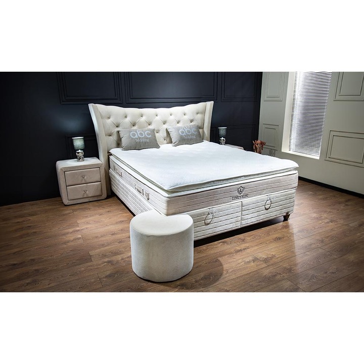 Pat Tapitat Bej Lincolin 160 x 200 cm, cu Somiera Rabatabila, Lada Depozitare - Design Elegant si Functional