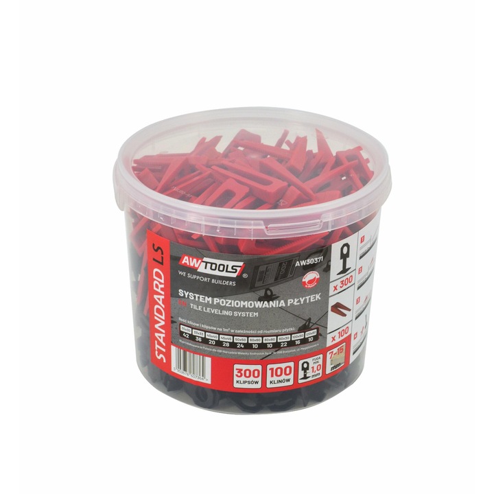 Set sistem nivelare placi AwTools, 300 clipsuri + 100 clinuri, 1,0mm, 7-15mm, negru/rosu