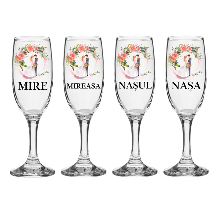 Set pahare de sampanie personalizate pentru miri si nasi, 4 bucati, sticla, handmade