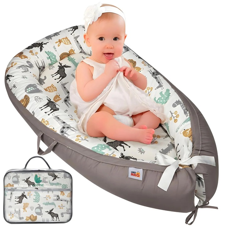 Cosulet Bebelusi pentru Dormit tip Baby Nest, Linomag®, cu Doua Fete, 0-24 Luni, 90x55cm, Husa Bumbac, Confort & Siguranta, Alb/Gri Bej