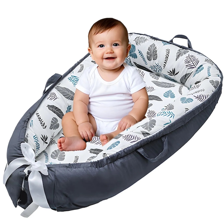 Cosulet Bebelusi pentru Dormit tip Baby Nest, Linomag®, cu Doua Fete, 0-24 Luni, 90x55cm, Husa Bumbac, Confort & Siguranta, Alb/Gri