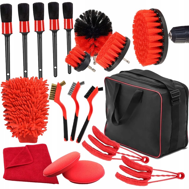 Set profesional de detailing pentru curatarea auto, 19 elemente, accesorii diverse, multicolor