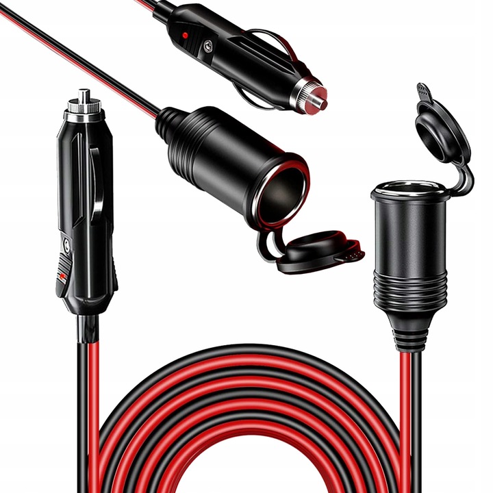 Autós szivargyújtó hosszabbító kábel, Pixel, 4 m, 16 AWG, túlfeszültség-védelemmel, fekete/piros