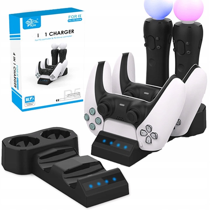 Зарядна станция Dobe 4-в-1 за 2 контролера DualSense и 2 контролера PlayStation Move, LED, 217x132x34.6 мм