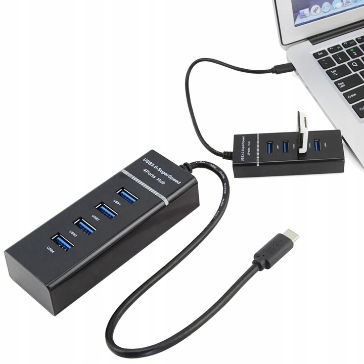 Хъб USB-C, ALOGY, пластмаса, 4 USB порта, 5 Gb/s трансфер, 28 cm кабел, черен
