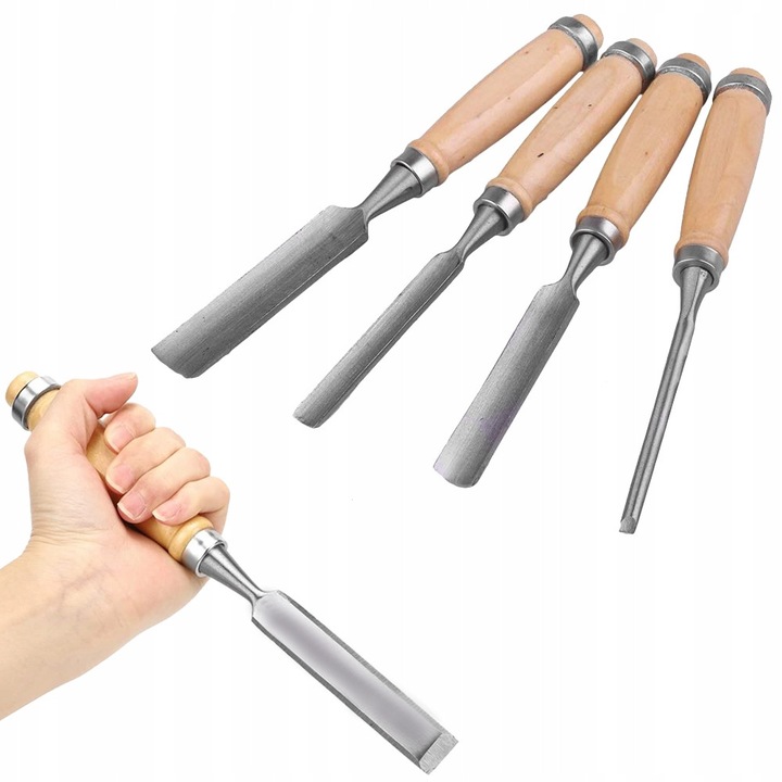 Set de dalte pentru lemn, Pixel, 4 bucati, 6x12x18x24mm, maner din lemn