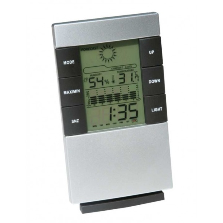 Termohigrometru multifunctional Terdens cu ceas si calendar, iluminare albastra, 0x50°C, 20%x99%