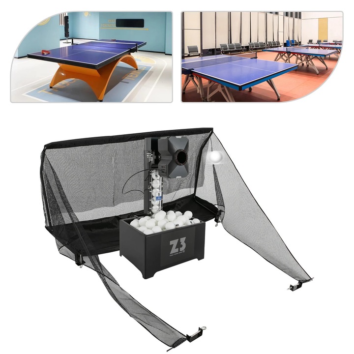 Robot tenis de masa, Masina de mingi ping pong, 10 moduri programabile, Telecomanda wireless 2, 4 GHz, 35–90 mingi/min, Capacitate aprox. 100 mingi, 40/40+ mm