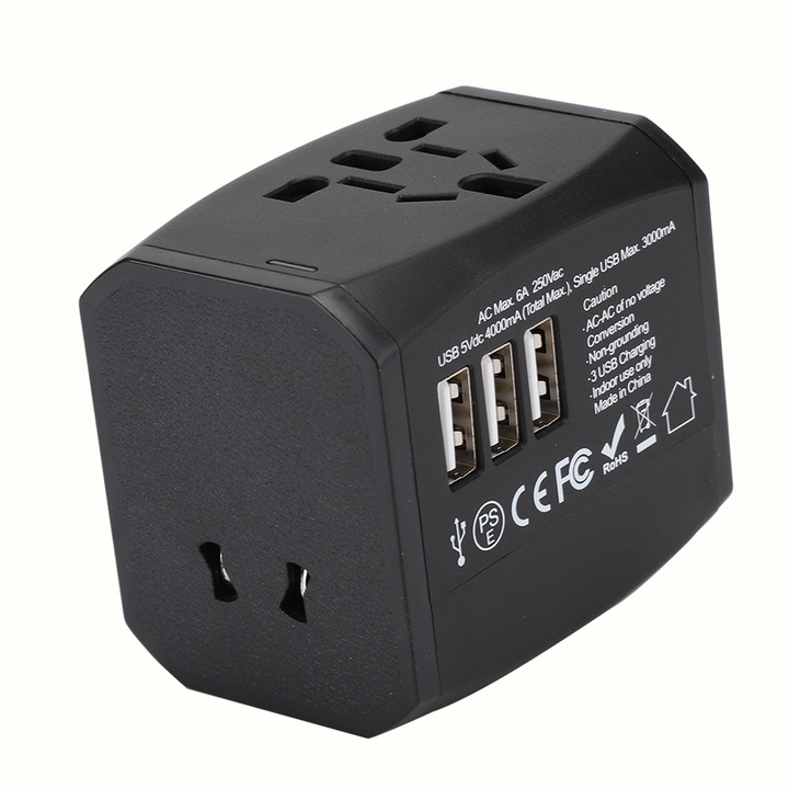 Adaptor universal de priza cu 3 USB, compact, multicolor, 100-240V