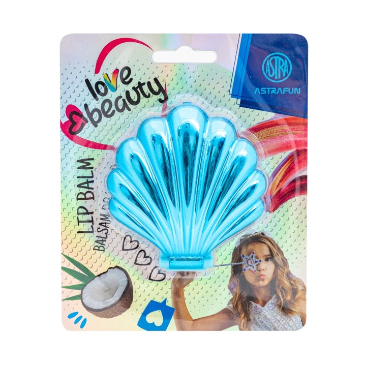 Set balsamuri de buze ASTRAFUN Shell XL, 4 culori, parfum de cocos, aplicator inclus, ambalaj metalizat