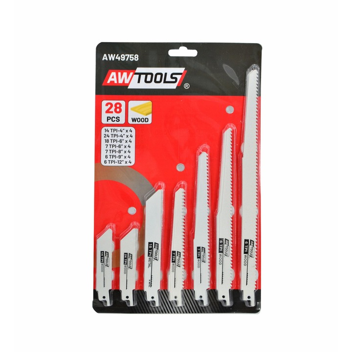 Set brzeszczote pentru feronerie, AwTools, 28 piese, pentru lemn si metal, 4" - 12"