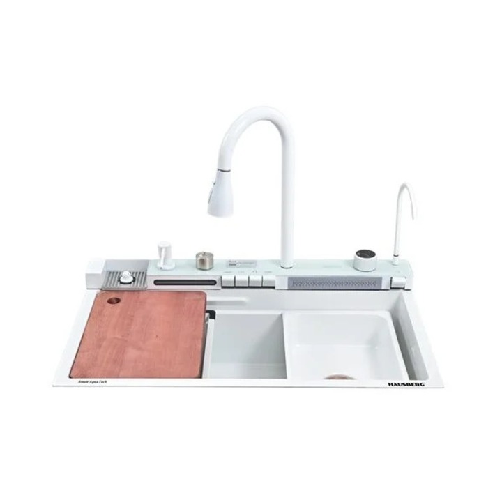 Chiuveta bucatarie multifunctionala, Dus Extractabil, Tocator Lemn, LCD Temperatura, 2 Jeturi Apa, Alb, 75x46 cm