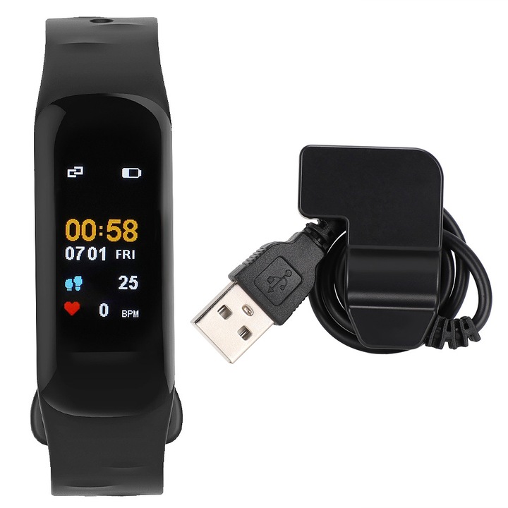 Фитнес гривна, мониторинг на сърдечен ритъм, кръвно налягане, водоустойчива, 0.96 инча, 4.6x2.1x1.2см, комплект с кабел за зареждане, ръководство за потребителя