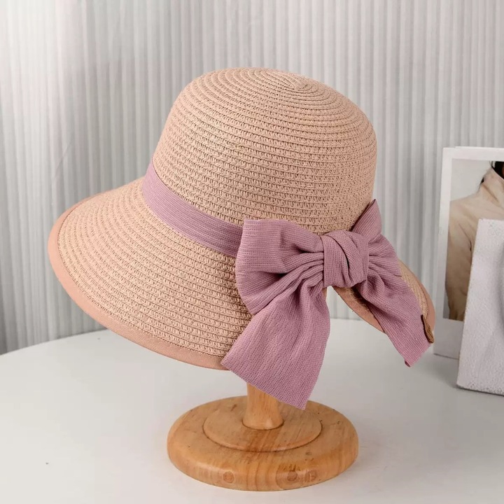 Дамска слънчева шапка за плаж, украса с панделка, Nevermore, розова, 58 см