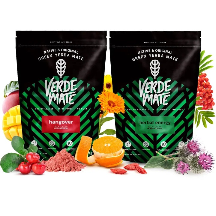 Yerba Mate Tea 1kg, Verde Mate Hangover, Herbal Energy, Levegőszárított, Lágy ízű, Brazília, 2x500g