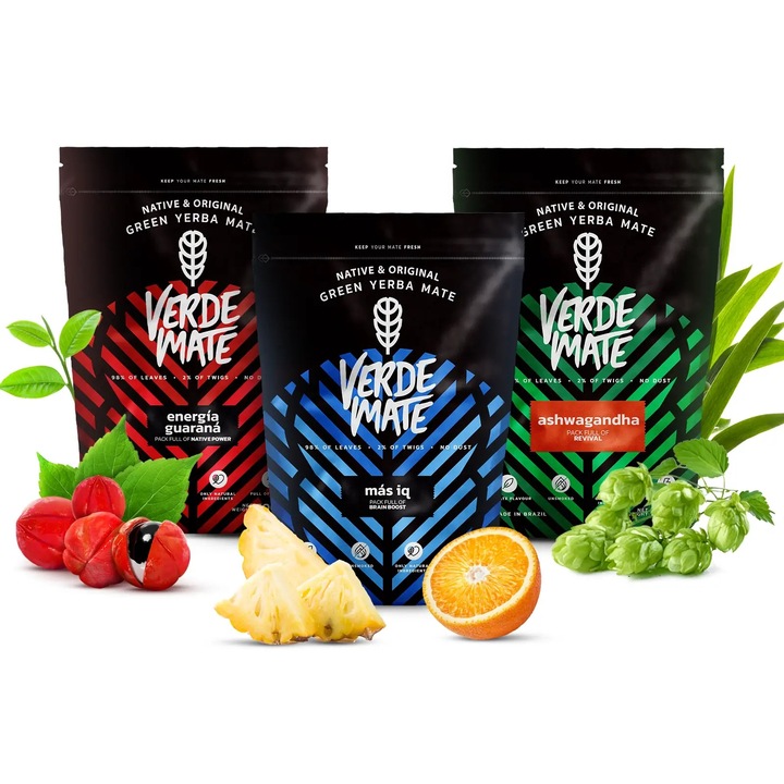 Yerba Mate Tea 1.5kg, Verde Mate Mas IQ, Ashwagandha, Guarana, Levegőszárított, Lágy ízű, Brazília, 3x500g