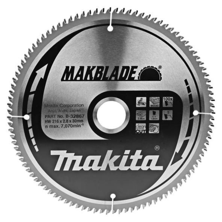 Режещ диск Makblade 216x30x100z за дърво, 7070 об/мин, дебелина 2,8 мм, комплект