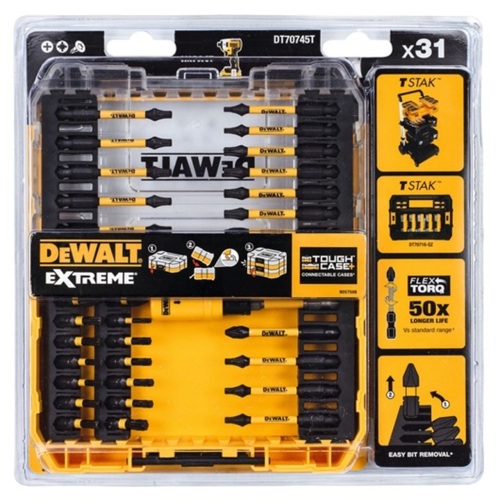 Set de capete de surubelnita Impact Torsion EXTREME DeWALT, 31 piese, 14 capete 25mm, 16 capete 57mm, cutie de depozitare
