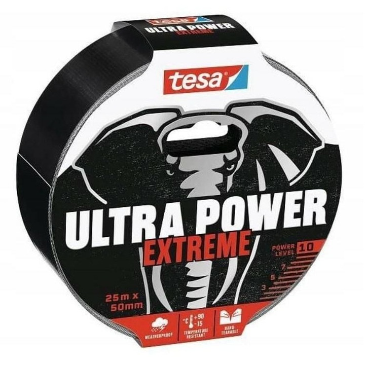 Banda adeziva Tesa Ultra Power Extreme, 10m x 50mm, neagra, rezistenta la UV si conditii extreme
