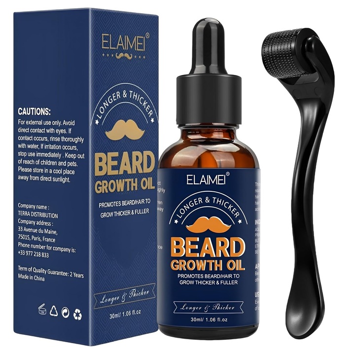 Szakállnövesztő készlet, 30 ml-es szakállolaj és 0,25 mm-es szakállhenger - Szakállápoló készlet férfiaknak, serkenti a szakáll- és hajnövekedést - Ajándék férfiaknak - Szakállnövekedés