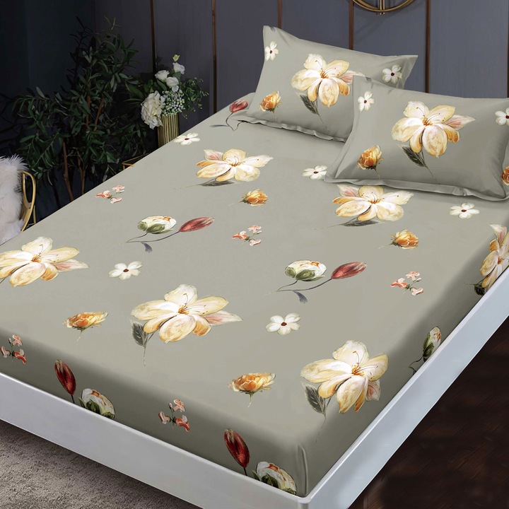 Finet Gros NufJoy® rugalmas illeszkedő lepedőkészlet 160x200 cm-es matrachoz és 2 db 50x70 cm-es párnahuzathoz Virágos Kaki