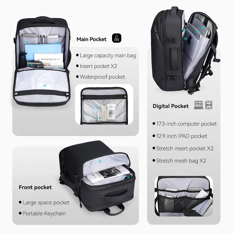 Rucsac multifunctional, Mark Ryden, spate cu plasa ergonomica, respirabila si ventilata, compatibil cu laptop 17.3 inch si tableta 12.9 inch, 27L, port USB si micro USB, impermeabil, antifurt, negru