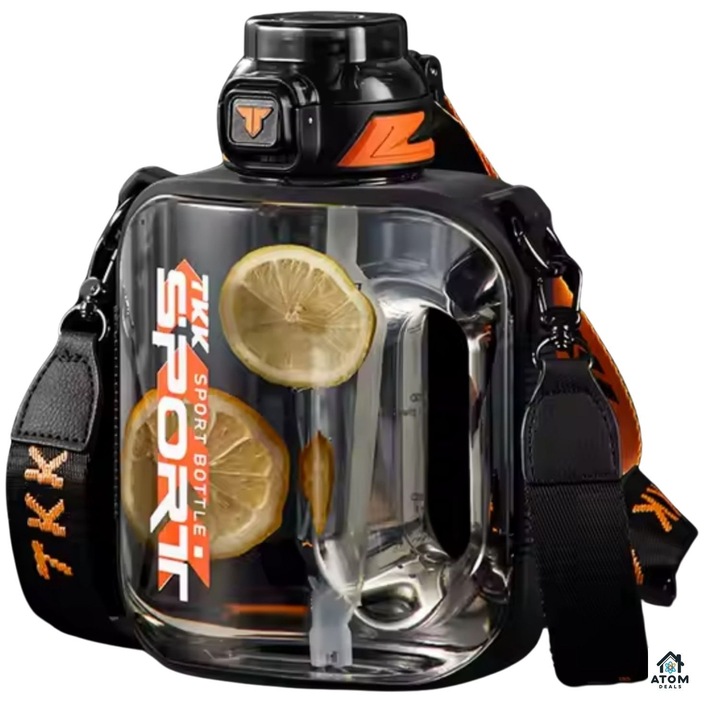 Sticla sport 1000ml ATOM Deals® pentru apa, ceai, Tritan fara BPA, pai silicon si capac flip top etans, rezistenta -20°C/+100°C, curea reglabila, usor de curatat, pentru sala, birou, masina sau calatorii, culoare neagra