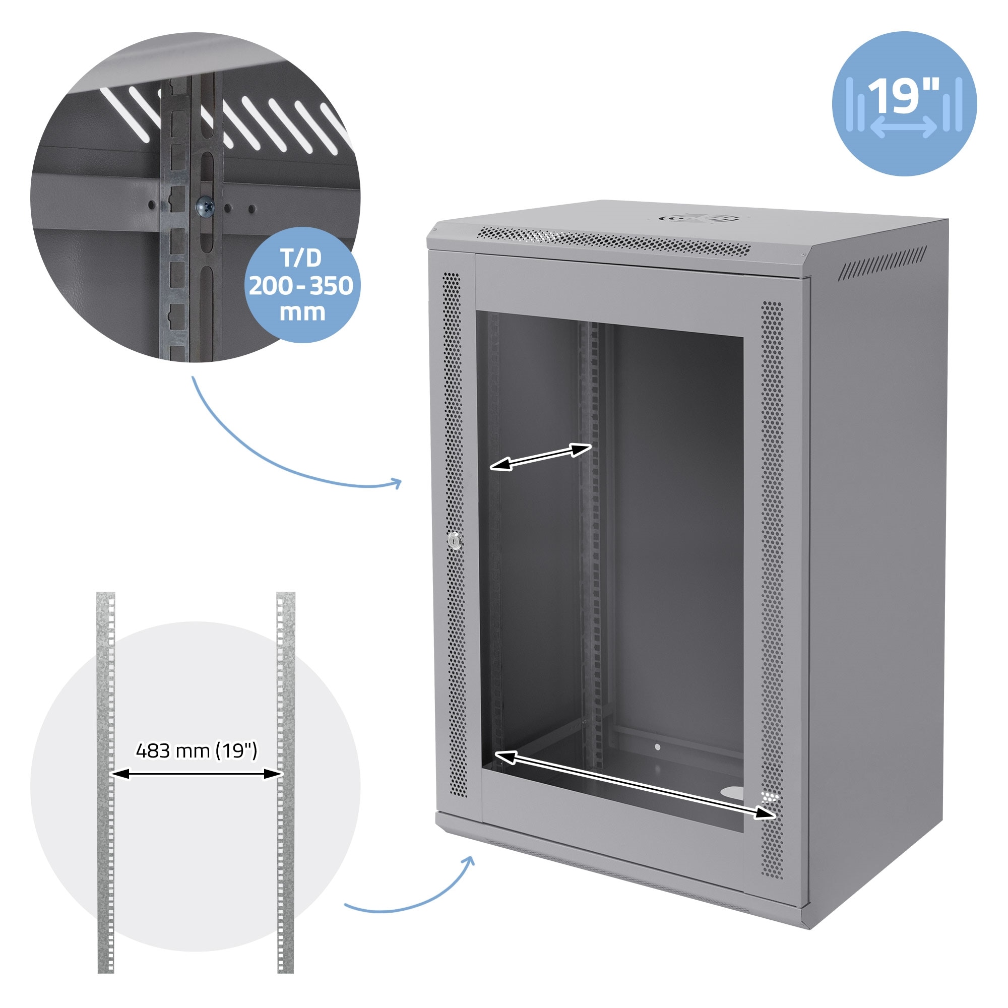 Open Rack Retea Cabinet rack retea de 19” ECD Germany, 18 UM, gri, montare pe perete ...