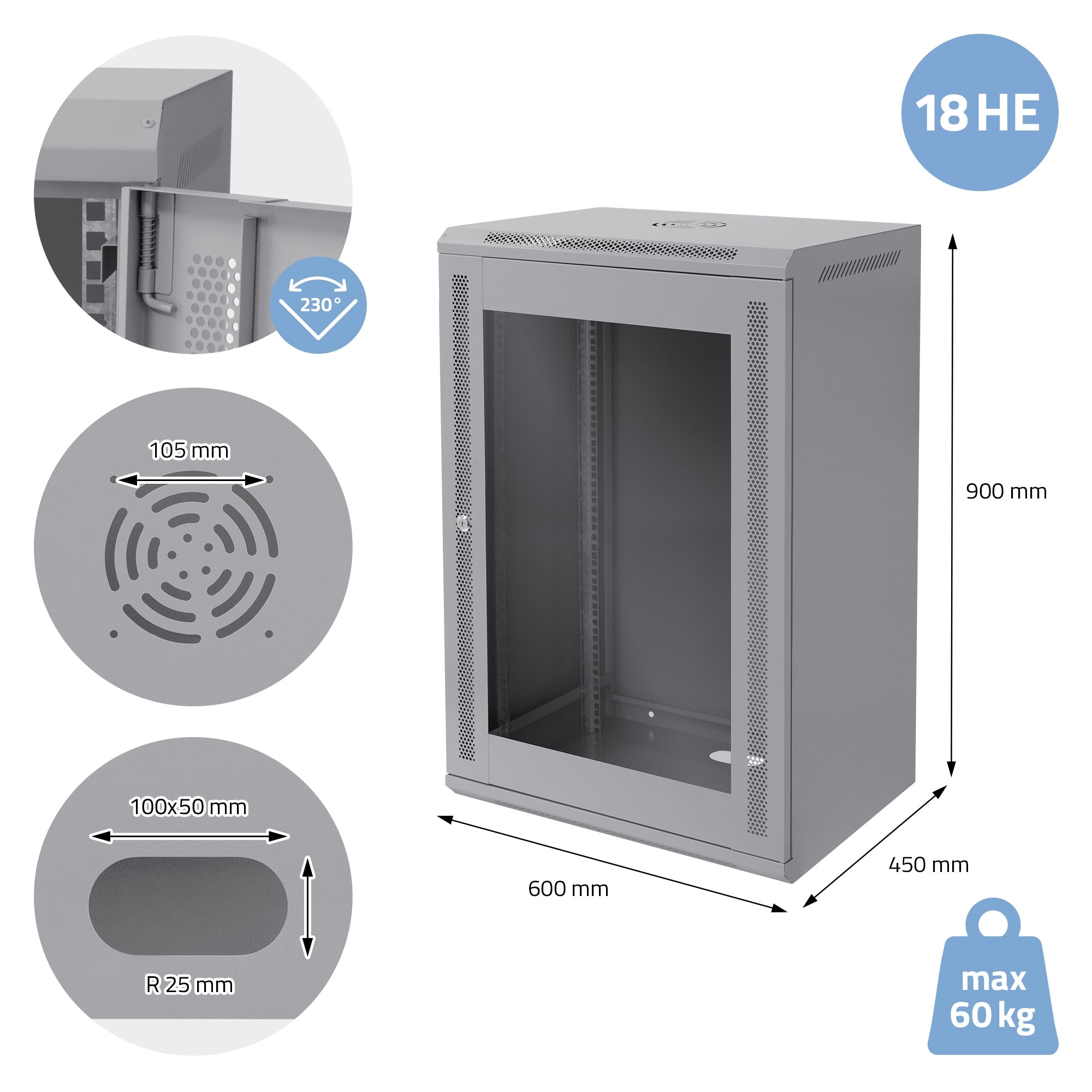 Open Rack Retea Cabinet rack retea de 19” ECD Germany, 18 UM, gri, montare pe perete ...